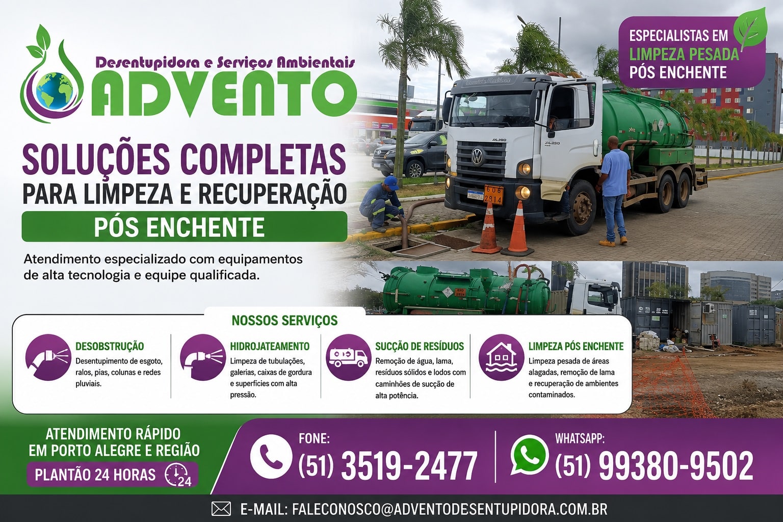 Empresa especialista em limpeza após a enchente em Porto Alegre com hidrojateamento, sucção de resíduos e desobstrução.