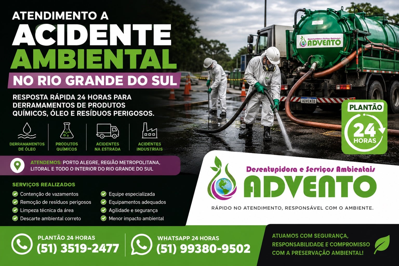 Atendimento a acidente ambiental no Rio Grande do Sul 24h. Derramamento químico, óleo e resíduos perigosos. Ligue (51) 3519-2477.